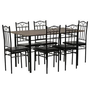 FurnitureR 7-Piece Dining Table Set for Home Kitchen Small Space, Breakfast Nook with 6 Chairs, Retro Brown PU Seat Metal Leg