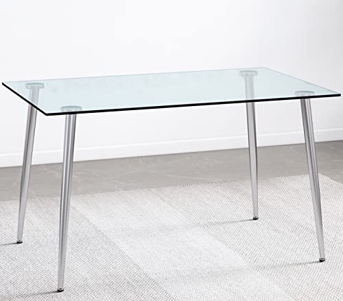 Glass Dining Table for 4 with 51 inch Clear Rectangular Glass Top, 0.31" Modern Tempered Glass Kitchen Table Furniture with 4 Silver Plating Metal Legs for Home Office Living Room