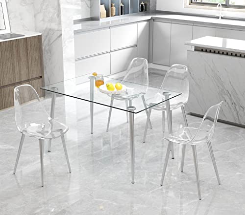 Glass Dining Table for 4 with 51 inch Clear Rectangular Glass Top, 0.31" Modern Tempered Glass Kitchen Table Furniture with 4 Silver Plating Metal Legs for Home Office Living Room