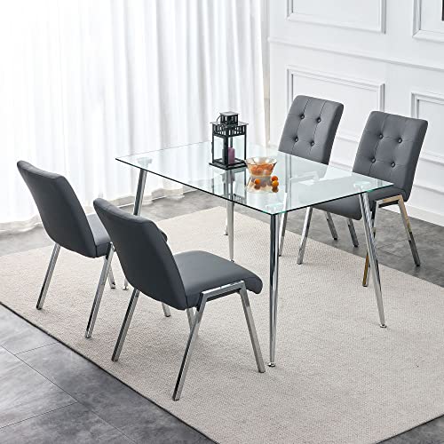 Glass Dining Table for 4 with 51 inch Clear Rectangular Glass Top, 0.31" Modern Tempered Glass Kitchen Table Furniture with 4 Silver Plating Metal Legs for Home Office Living Room