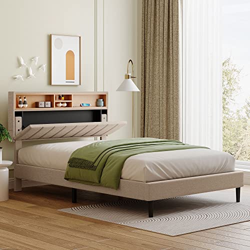 Full Bed Frame with Charge Upholstered Platform Bed with Storage Headboard, Outlets and USB Ports, No Box Spring Needed, Easy Assembly, Beige