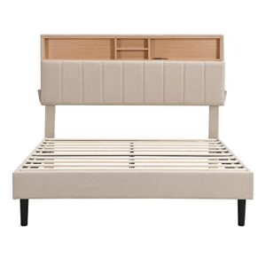 Full Bed Frame with Charge Upholstered Platform Bed with Storage Headboard, Outlets and USB Ports, No Box Spring Needed, Easy Assembly, Beige