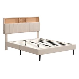 Full Bed Frame with Charge Upholstered Platform Bed with Storage Headboard, Outlets and USB Ports, No Box Spring Needed, Easy Assembly, Beige
