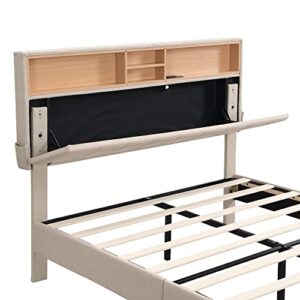 Full Bed Frame with Charge Upholstered Platform Bed with Storage Headboard, Outlets and USB Ports, No Box Spring Needed, Easy Assembly, Beige
