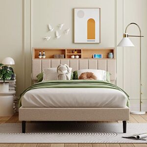 Full Bed Frame with Charge Upholstered Platform Bed with Storage Headboard, Outlets and USB Ports, No Box Spring Needed, Easy Assembly, Beige