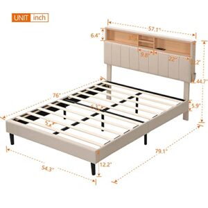 Full Bed Frame with Charge Upholstered Platform Bed with Storage Headboard, Outlets and USB Ports, No Box Spring Needed, Easy Assembly, Beige