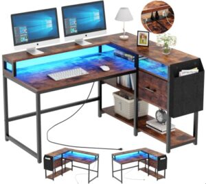 loomie reversible l shaped desk with drawer, 55" w x 41" d industrial corner computer desk with 4 tier shelves & monitor stand