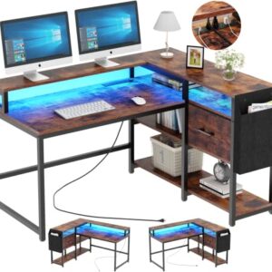 Loomie Reversible L Shaped Desk with Drawer, 55" W x 41" D Industrial Corner Computer Desk with 4 Tier Shelves & Monitor Stand