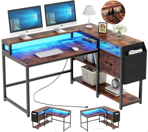 Loomie Reversible L Shaped Desk with Drawer, 55" W x 41" D Industrial Corner Computer Desk with 4 Tier Shelves & Monitor Stand