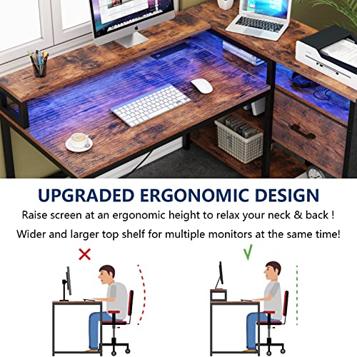 Loomie Reversible L Shaped Desk with Drawer, 55" W x 41" D Industrial Corner Computer Desk with 4 Tier Shelves & Monitor Stand