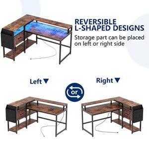 Loomie Reversible L Shaped Desk with Drawer, 55" W x 41" D Industrial Corner Computer Desk with 4 Tier Shelves & Monitor Stand