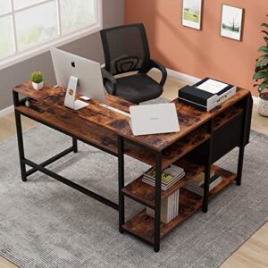 Loomie Reversible L Shaped Desk with Drawer, 55" W x 41" D Industrial Corner Computer Desk with 4 Tier Shelves & Monitor Stand