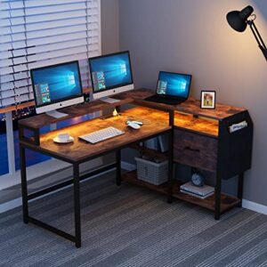 Loomie Reversible L Shaped Desk with Drawer, 55" W x 41" D Industrial Corner Computer Desk with 4 Tier Shelves & Monitor Stand