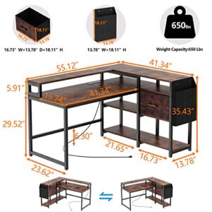 Loomie Reversible L Shaped Desk with Drawer, 55" W x 41" D Industrial Corner Computer Desk with 4 Tier Shelves & Monitor Stand