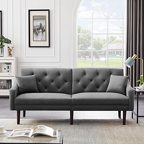 KoiHome Velvet Bed with Adjustable for Backrest, Two Pillows, Modern Couch with Handrail and Wood Legs, Upholstered Loveseat for Living, Bedroom,Office,Waiting Room, Grey, Futon Sleeper Sofa
