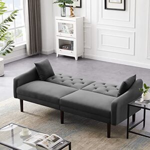 KoiHome Velvet Bed with Adjustable for Backrest, Two Pillows, Modern Couch with Handrail and Wood Legs, Upholstered Loveseat for Living, Bedroom,Office,Waiting Room, Grey, Futon Sleeper Sofa