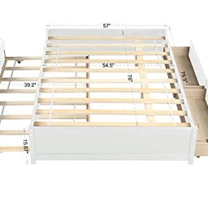 HYC Modern Full Platform Bed with Twin Size Trundle, Full Size Bed with 2 Drawers, Solid Pine Wood Bed Frame for Bedroom Living Room,White