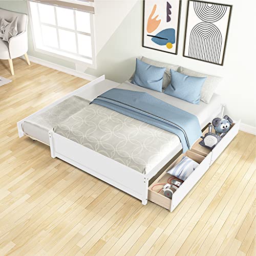 HYC Modern Full Platform Bed with Twin Size Trundle, Full Size Bed with 2 Drawers, Solid Pine Wood Bed Frame for Bedroom Living Room,White