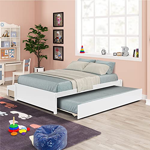 HYC Modern Full Platform Bed with Twin Size Trundle, Full Size Bed with 2 Drawers, Solid Pine Wood Bed Frame for Bedroom Living Room,White