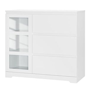 fotosok modern 3 drawer dresser, white dresser wide chest of dresser with glass door & 3 drawers, storage drawer cabinet for living room hallway