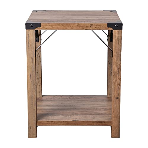 Flash Furniture Wyatt Modern Farmhouse 2 Tier Side Table - Rustic Oak Engineered Wood Frame - Black Metal Crisscross Side Braces and Corner Accents