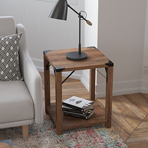 Flash Furniture Wyatt Modern Farmhouse 2 Tier Side Table - Rustic Oak Engineered Wood Frame - Black Metal Crisscross Side Braces and Corner Accents