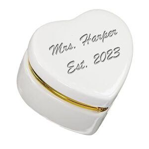 personalized jewelry box - white heart trinket box - ceramic jewelry keepsake or ring organizer for birthday or wedding with custom name