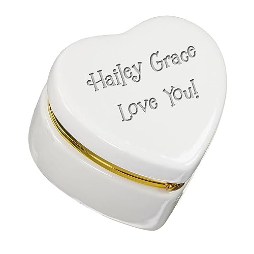 Personalized Jewelry Box - White Heart Trinket Box - Ceramic Jewelry Keepsake or Ring Organizer for Birthday or Wedding with Custom Name