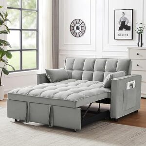 velvet pull out sleeper sofa bed, convertible futon couch bed with adjustable backrests, 3 in 1 modern loveseat with 2 pockets and pillows, small love seat for living room, guest room, teal grey