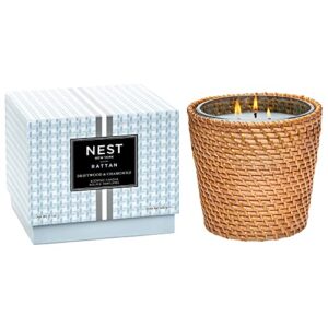 nest fragrances driftwood & chamomile scented 3-wick, long-lasting candle for home with rattan sleeve, 21 oz