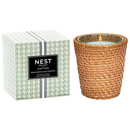 NEST New York Wild Mint & Eucalyptus Scented Classic Candle, Long-Lasting Candle for Home with Rattan Sleeve, 8.1 Oz.