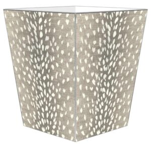 marye-kelley taupe antelope with silver trim wastepaper basket, flat top,neutral, animal print,handmade in the usa, wastebasket for bedroom, bathroom, living room, office, kitchen