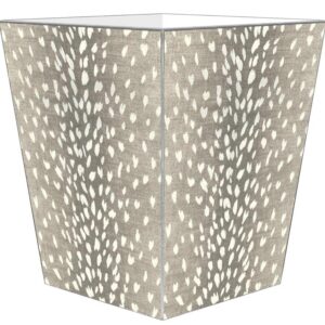 Marye-Kelley Taupe Antelope with Silver Trim Wastepaper Basket, Flat Top,Neutral, Animal Print,Handmade in The USA, Wastebasket for Bedroom, Bathroom, Living Room, Office, Kitchen
