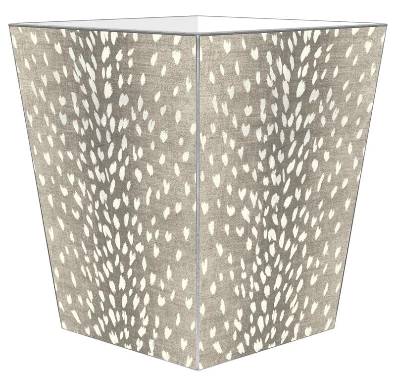 Marye-Kelley Taupe Antelope with Silver Trim Wastepaper Basket, Flat Top,Neutral, Animal Print,Handmade in The USA, Wastebasket for Bedroom, Bathroom, Living Room, Office, Kitchen