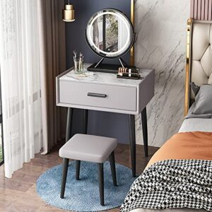 modern vanity desk set with led lighted mirror, makeup vanity 3 color lighting modes and mirror 360° rotation, rock slab countertop waterproof - easy to clean ( color : grey , size : 50x40x75cm )