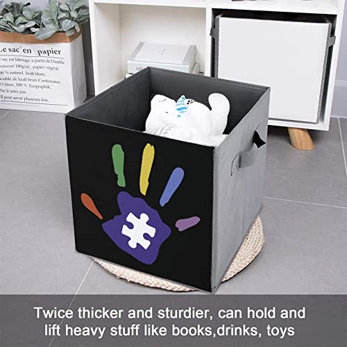 Colorful Autism Hand PU Leather Collapsible Storage Bins Canvas Cube Organizer Basket with Handles
