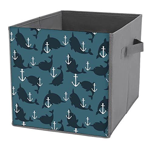 Anchor and Whales PU Leather Collapsible Storage Bins Canvas Cube Organizer Basket with Handles