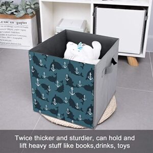 Anchor and Whales PU Leather Collapsible Storage Bins Canvas Cube Organizer Basket with Handles