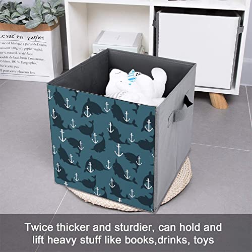 Anchor and Whales PU Leather Collapsible Storage Bins Canvas Cube Organizer Basket with Handles