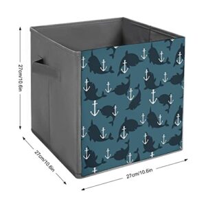 Anchor and Whales PU Leather Collapsible Storage Bins Canvas Cube Organizer Basket with Handles