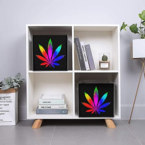 Colorful Weed Art PU Leather Collapsible Storage Bins Canvas Cube Organizer Basket with Handles