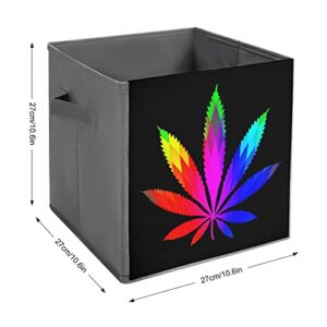 Colorful Weed Art PU Leather Collapsible Storage Bins Canvas Cube Organizer Basket with Handles