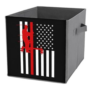 American Flag Electric Cable Lineman PU Leather Collapsible Storage Bins Canvas Cube Organizer Basket with Handles