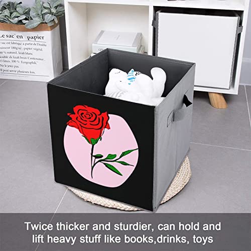 Rose PU Leather Collapsible Storage Bins Canvas Cube Organizer Basket with Handles