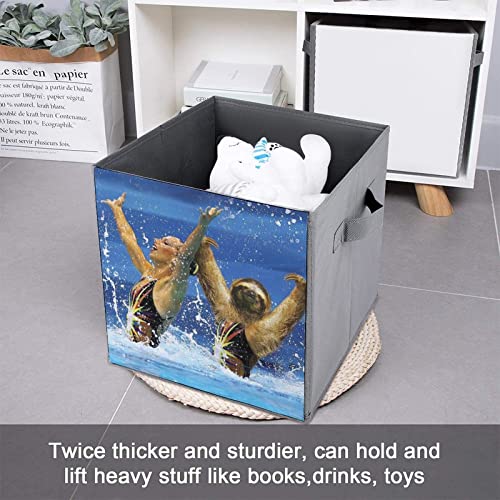 Sloth Art PU Leather Collapsible Storage Bins Canvas Cube Organizer Basket with Handles