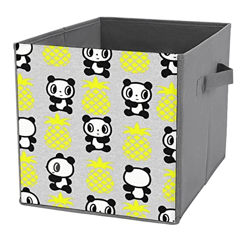 Panda Pineapple PU Leather Collapsible Storage Bins Canvas Cube Organizer Basket with Handles