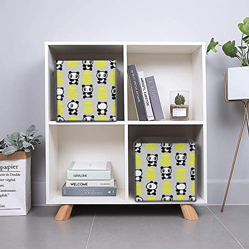 Panda Pineapple PU Leather Collapsible Storage Bins Canvas Cube Organizer Basket with Handles