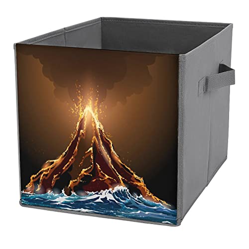 Volcanic Eruption View PU Leather Collapsible Storage Bins Canvas Cube Organizer Basket with Handles