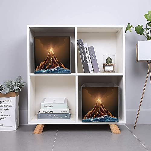 Volcanic Eruption View PU Leather Collapsible Storage Bins Canvas Cube Organizer Basket with Handles