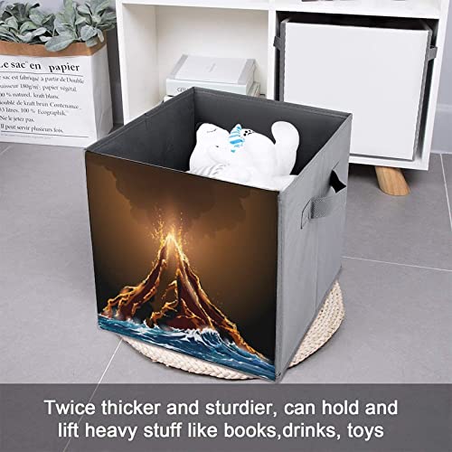 Volcanic Eruption View PU Leather Collapsible Storage Bins Canvas Cube Organizer Basket with Handles